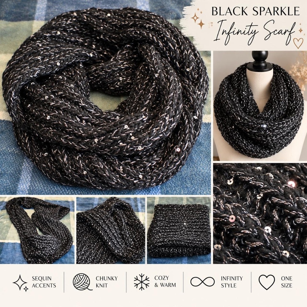 Black Sparkle Sequin Chunky Knit Infinity Scarf Metallic Shimmer One Size